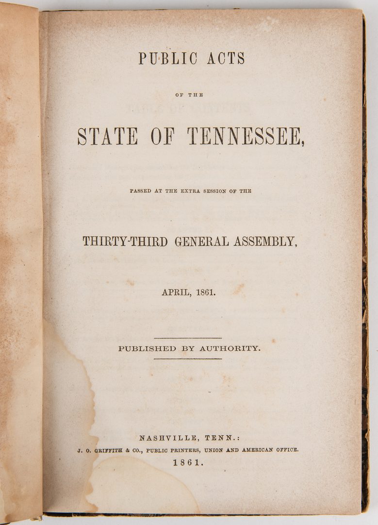 Lot 759: Historical TN items, incl. Gov. W. Blount Signed, Acts of TN
