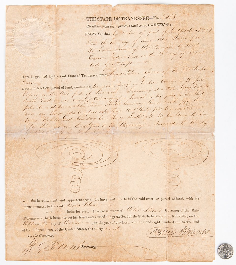 Lot 759: Historical TN items, incl. Gov. W. Blount Signed, Acts of TN