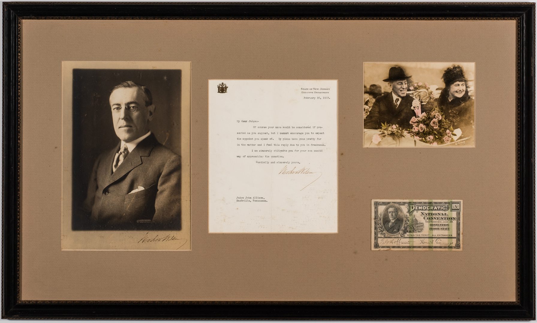 Lot 760: Framed Woodrow Wilson Items, incl. TLS, Signed Photo