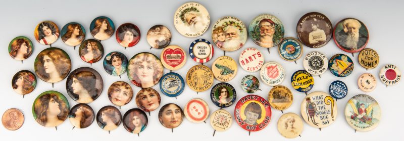 Lot 764: 48 Early Pinback Buttons incl. What Did The Woggle Bug Say?; Santas and Suffrage