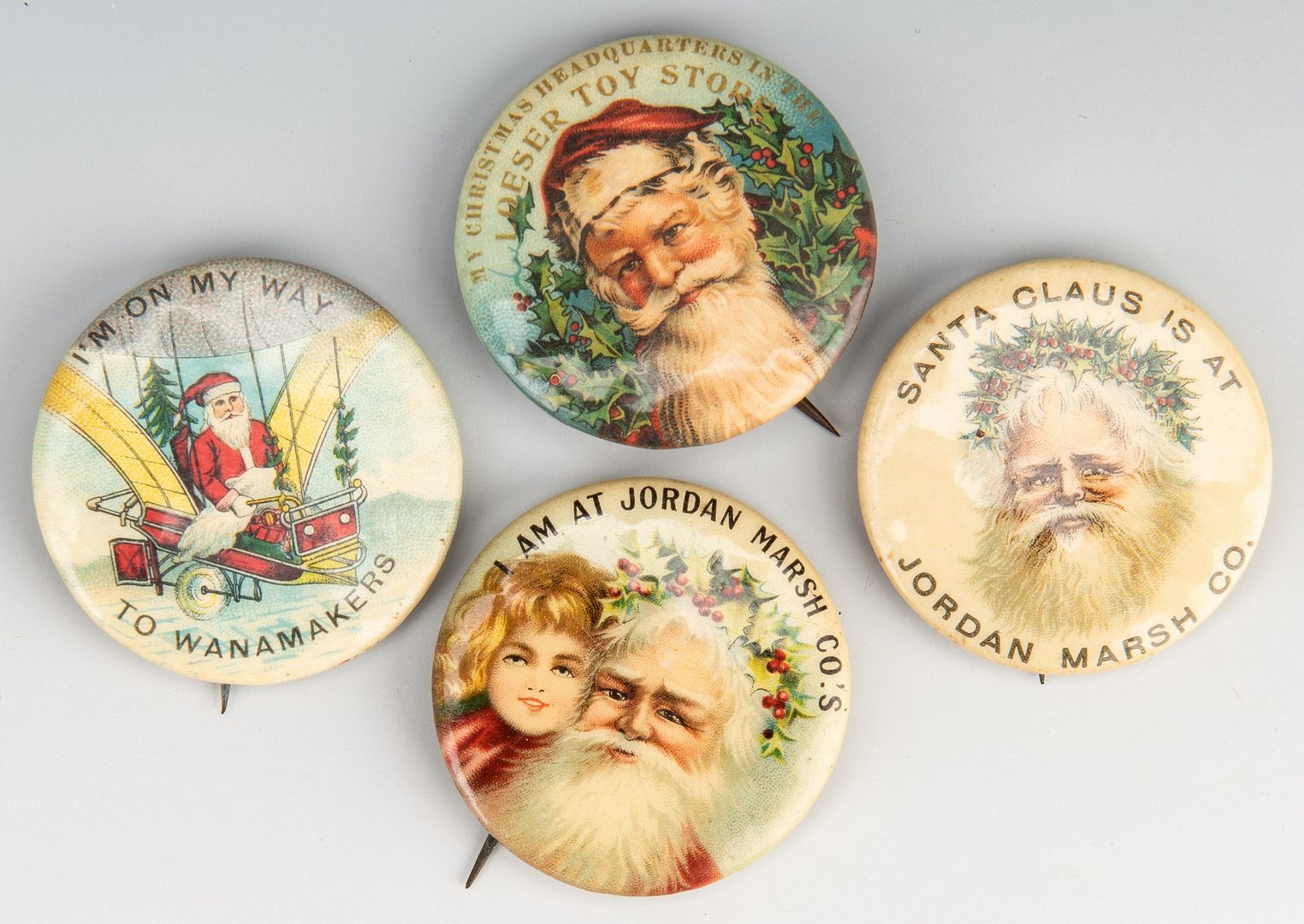 Lot 764: 48 Early Pinback Buttons incl. What Did The Woggle Bug Say?; Santas and Suffrage