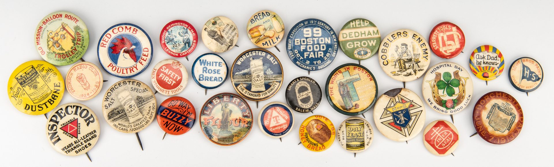 Lot 765: 46 Early Pinback Buttons, incl. Beer, Baseball, Firemen