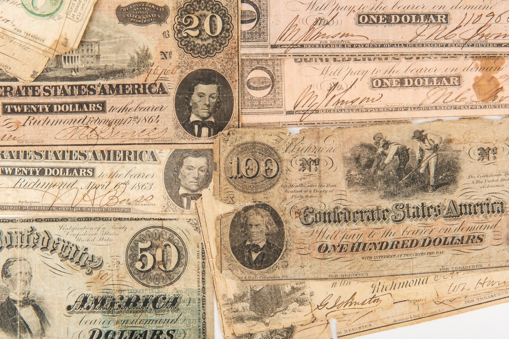 Lot 815: 33 Mixed Confederate Bills, incl. $100, $50