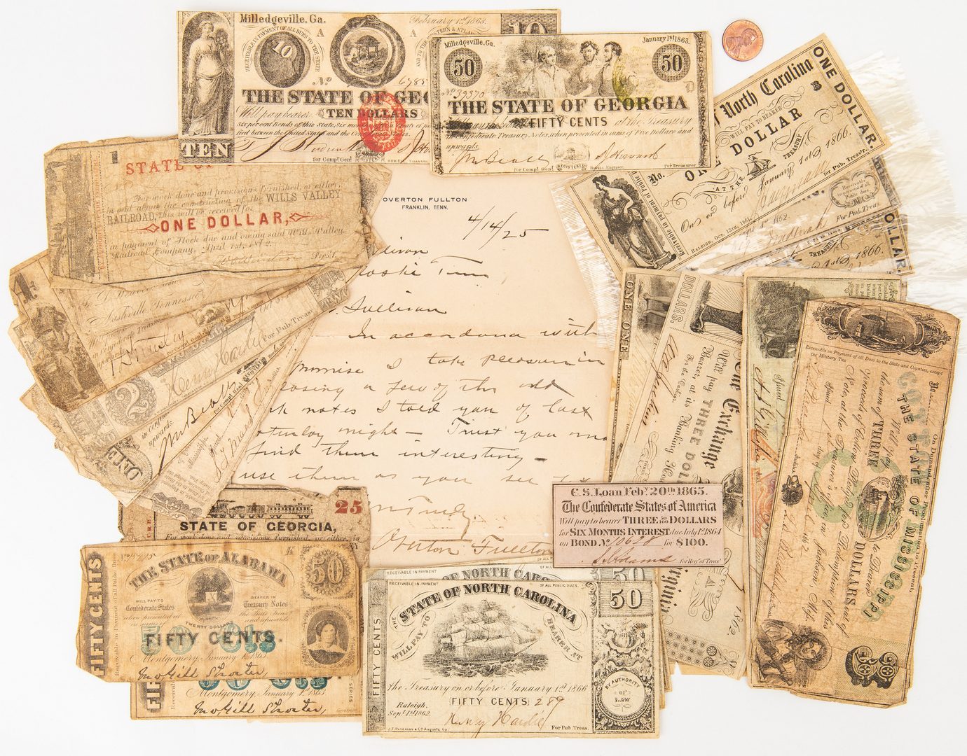 Lot 817: Obsolete & Confederate Bills w/ Fullton Letter