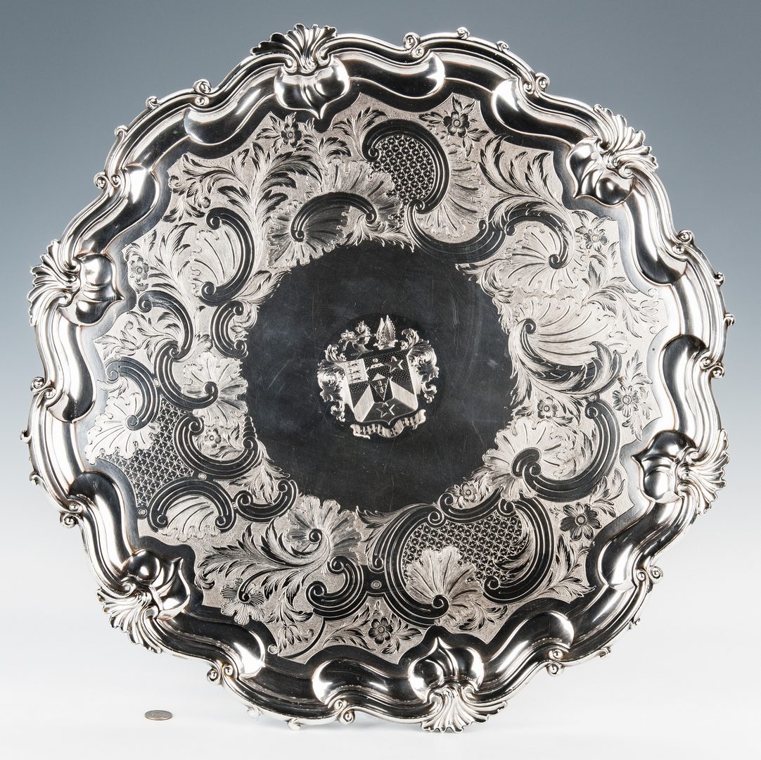 Lot 834: Large Old Sheffield Salver w/ Armorial Crest