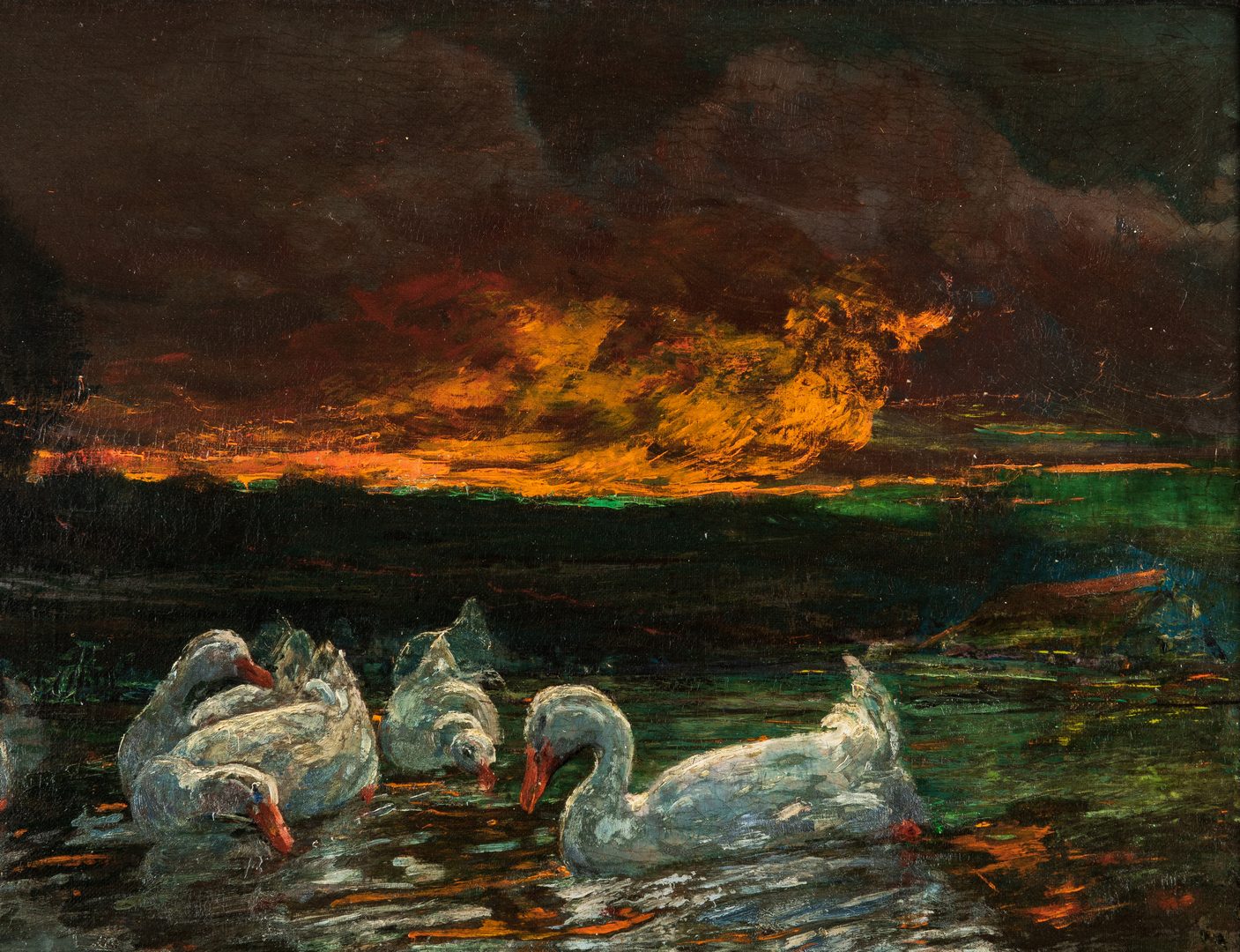 Lot 99: J. W. Wallace O/C, Swans at Sunset