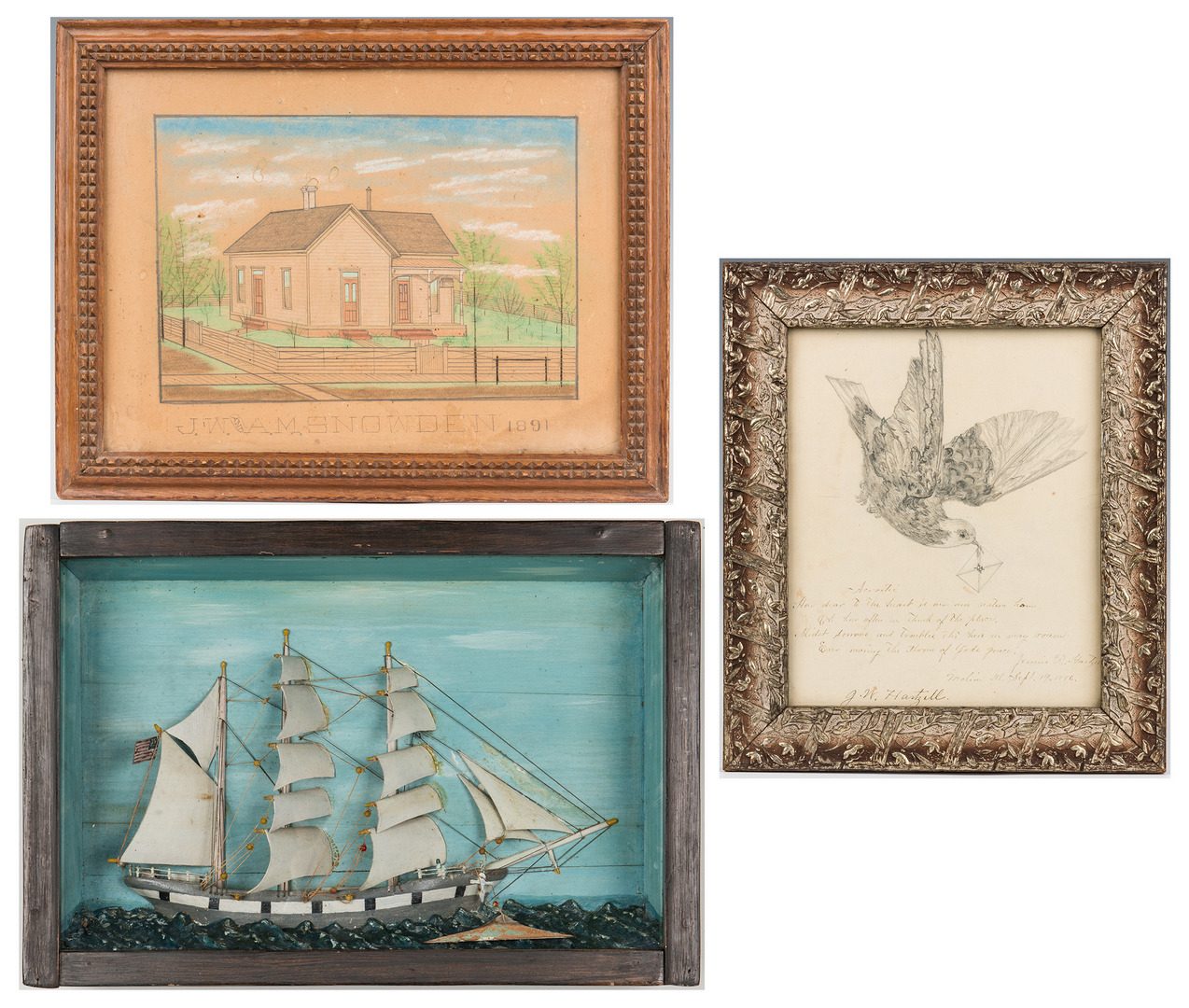 Lot 106: 3 19th Century Folk Art Works, incl. Ship Diorama