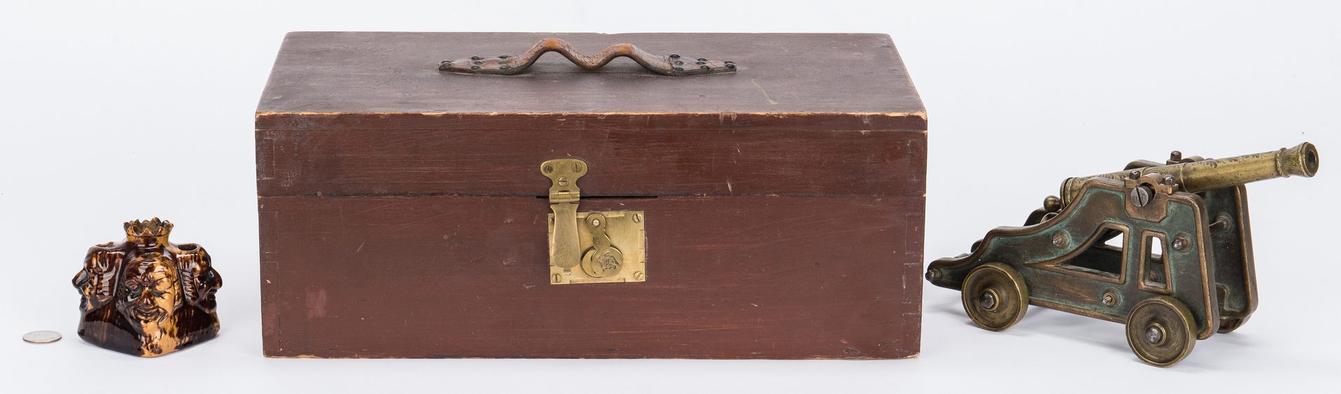 Lot 107: Grenfell Type Rug, Document Box, Inkwell, Miniature Bronze Cannon