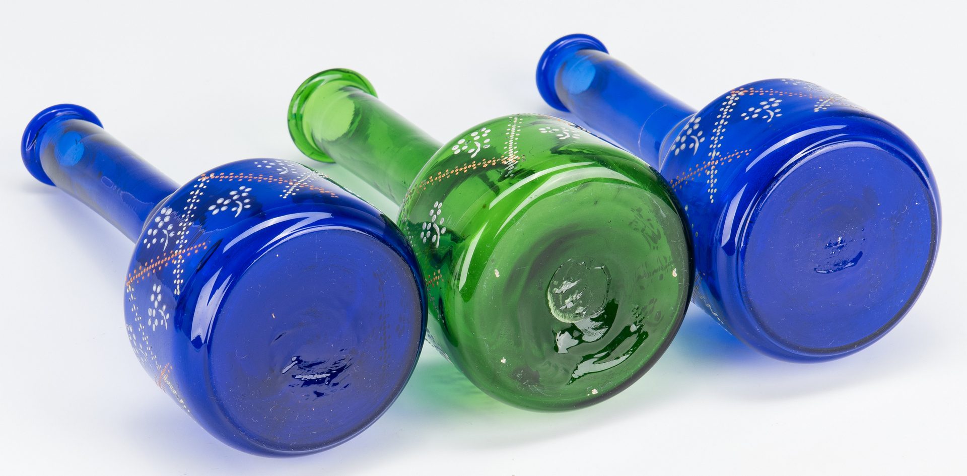 Lot 131: 11 Cobalt & Green Glass Barber Bottles & 1 more