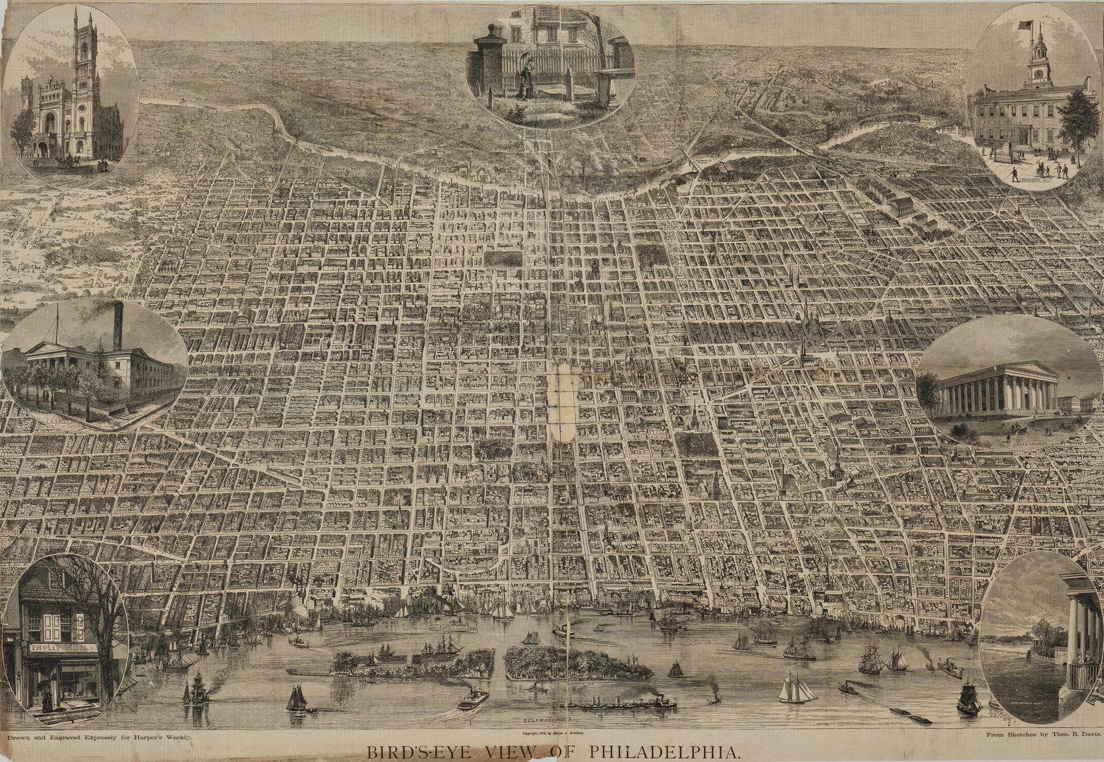 Lot 166: Harper's Weekly, Bird's Eye View Map of Philadelphia, 1876