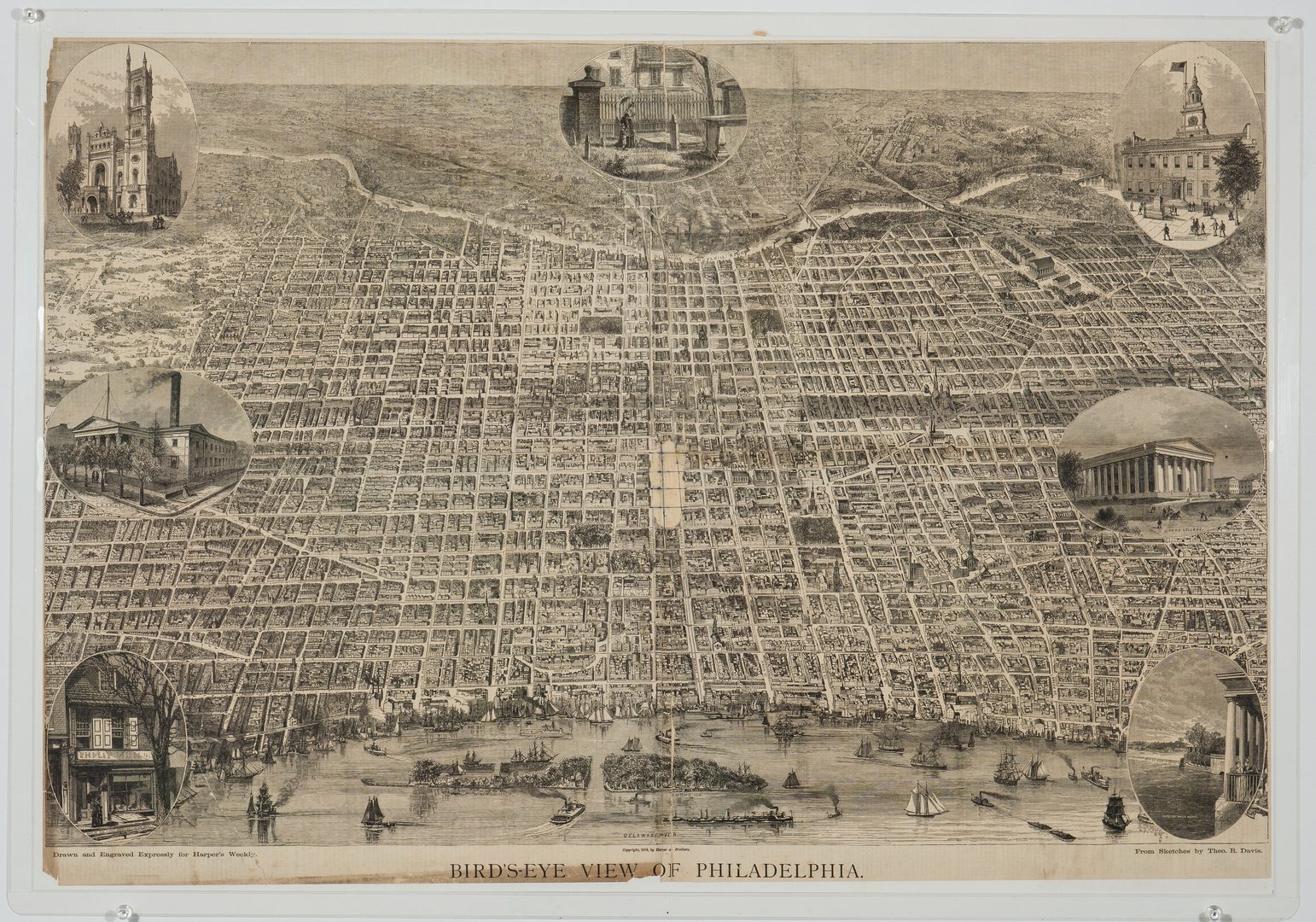Lot 166: Harper's Weekly, Bird's Eye View Map of Philadelphia, 1876