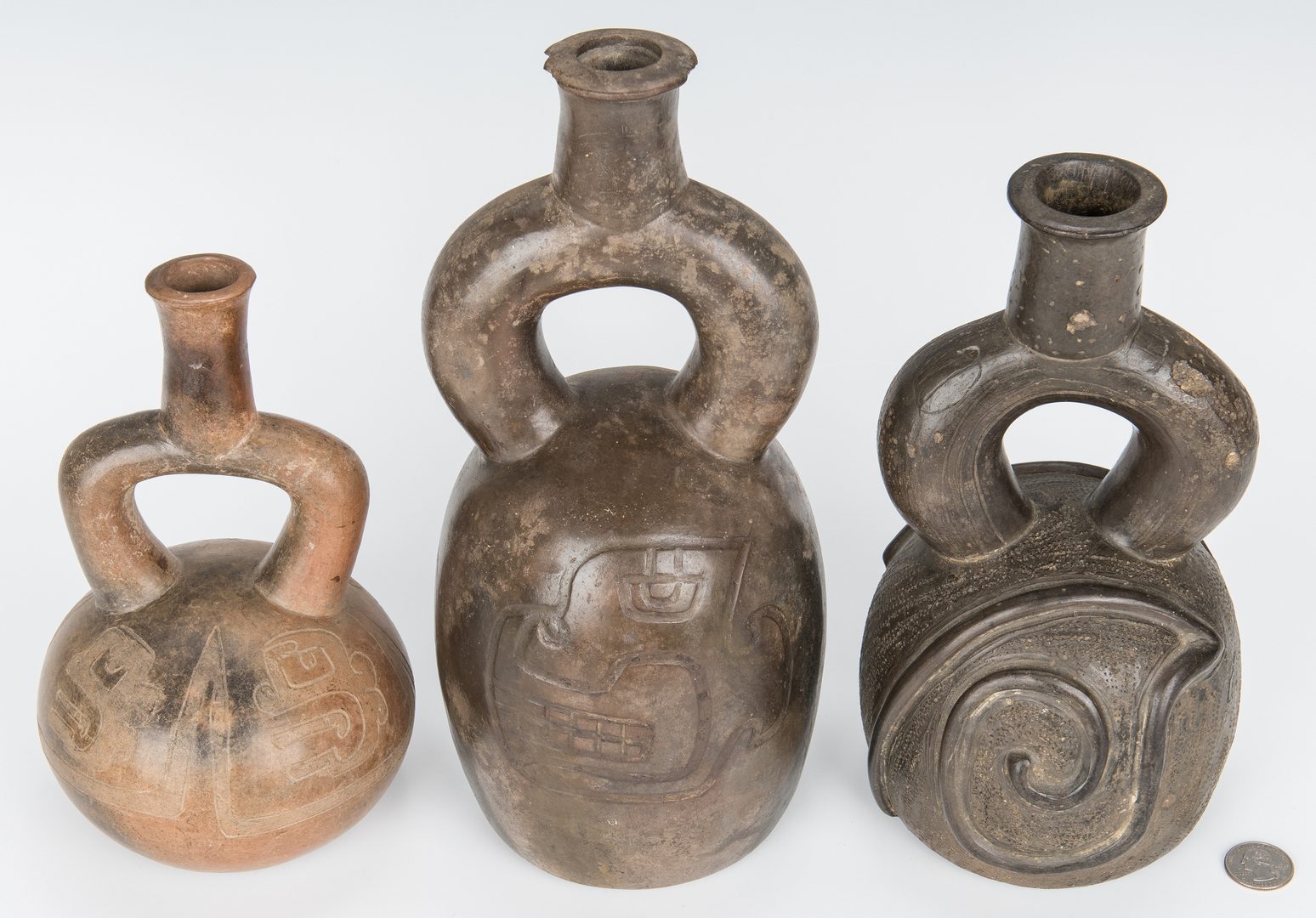 Lot 287: 3 Peruvian Chavin Stirrup Spout Pottery Vessels