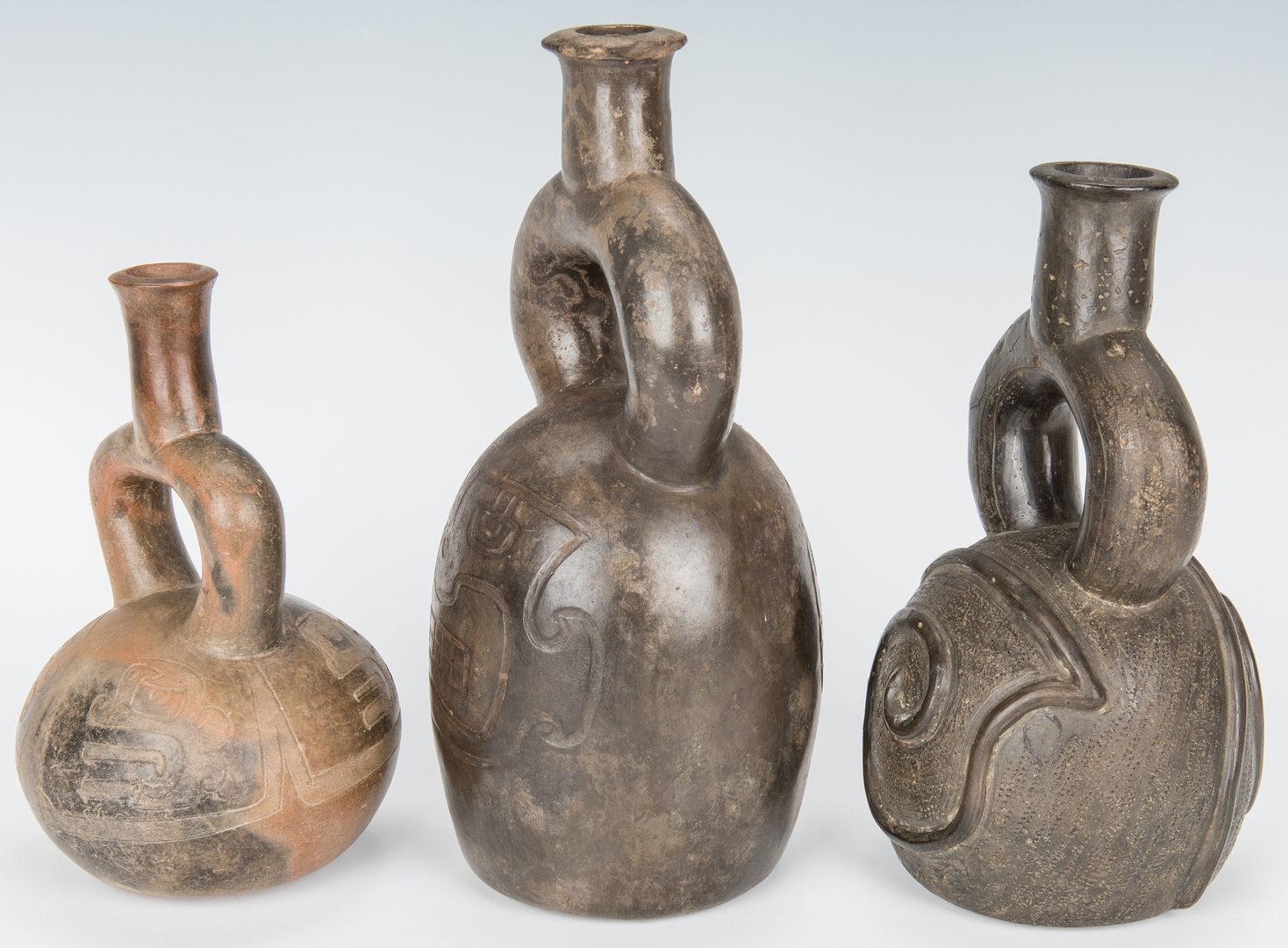Lot 287: 3 Peruvian Chavin Stirrup Spout Pottery Vessels