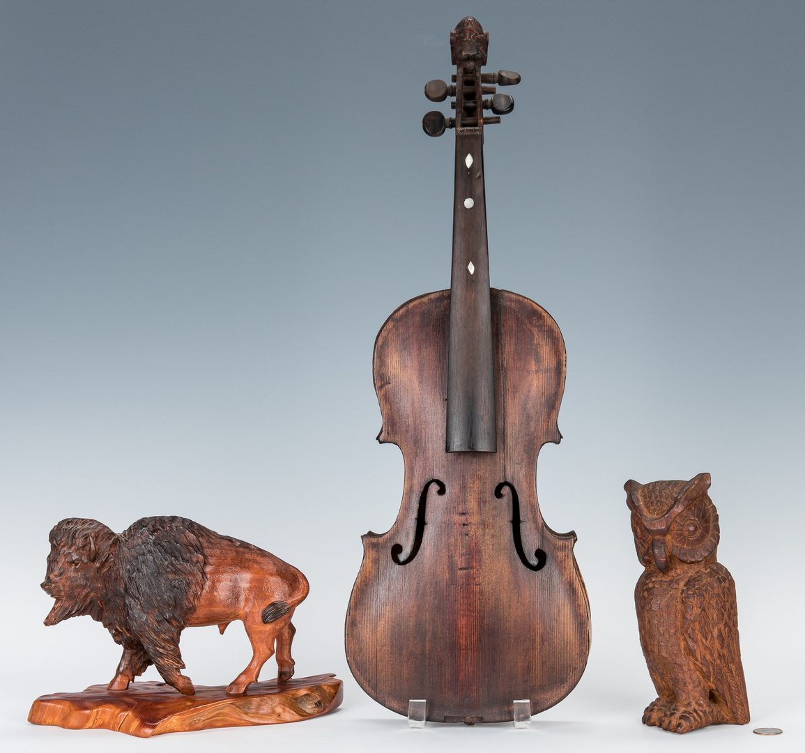 Lot 382: 2 Folk Art Carvings & Carved Fiddle, 3 items