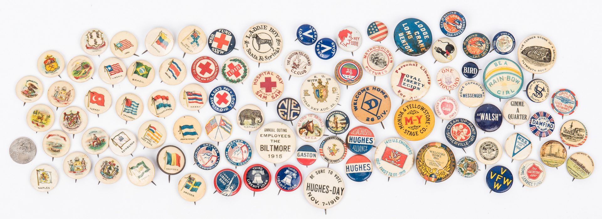 Lot 412: 88 Early Pinback Buttons, incl. Political, Cigarette, WWI, etc.