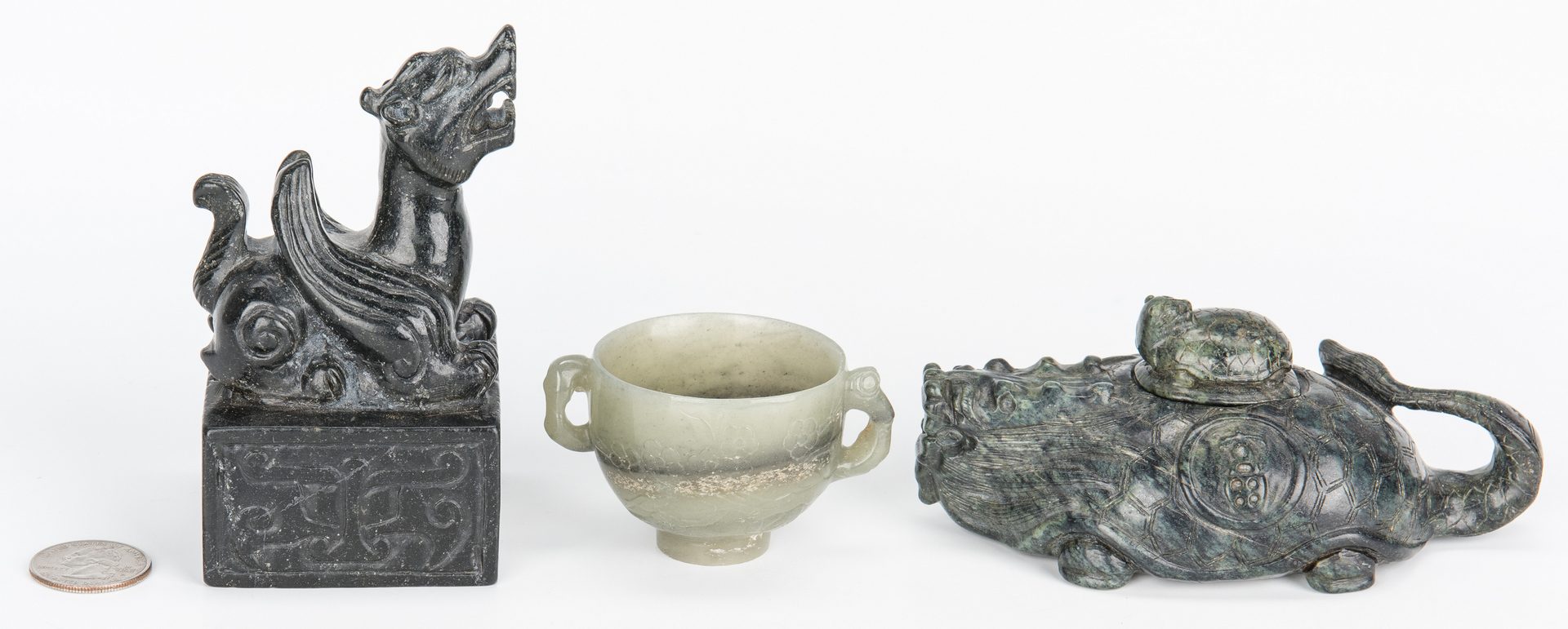 Lot 6: Jade double handle cup, water dropper and seal