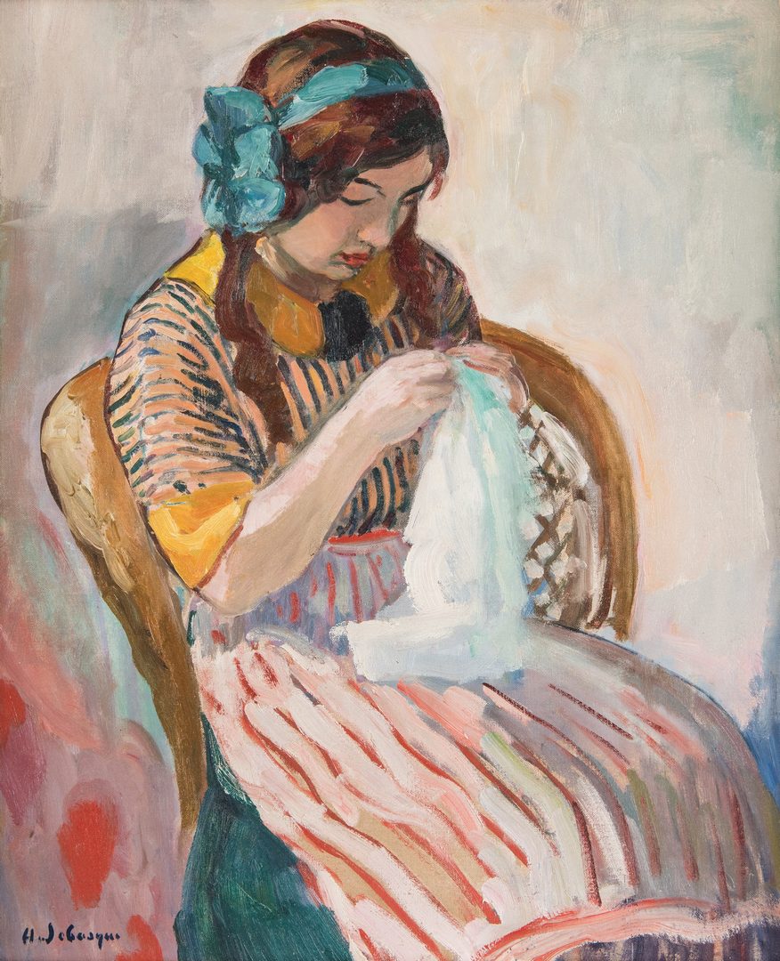 Lot 104: Henri Lebasque O/C, Girl Sewing