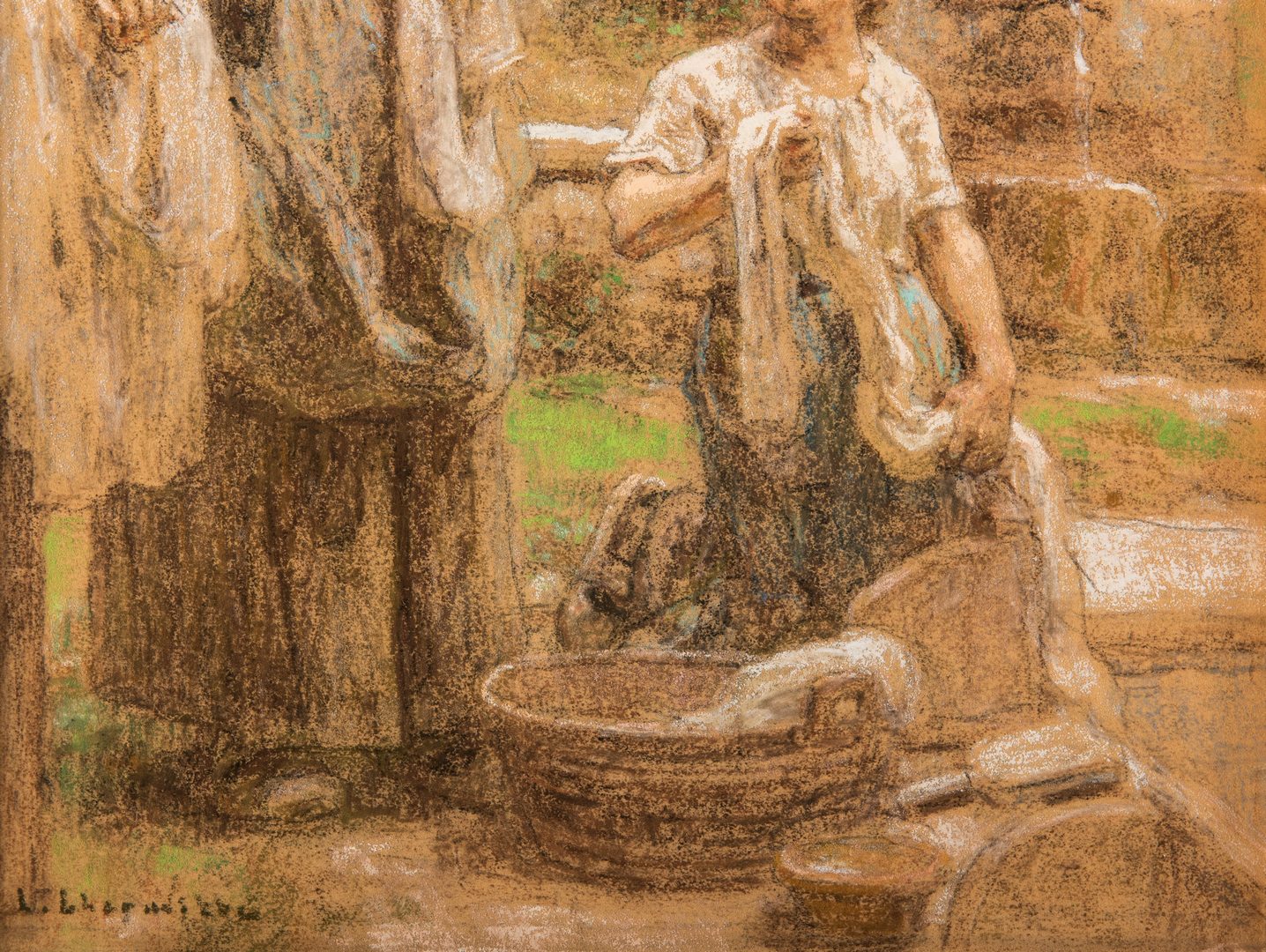 Lot 108: Leon L'Hermitte Pastel, "The Washer Women"