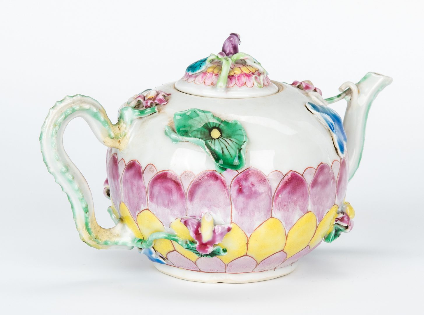 Lot 11: Chinese Famille Rose Export Lotus Cup,  Saucer & Tea Pot