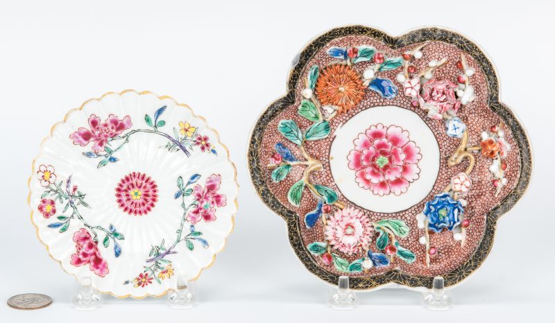 Lot 13: 2 Yongzheng Famille Rose Saucers, Relief Decoration