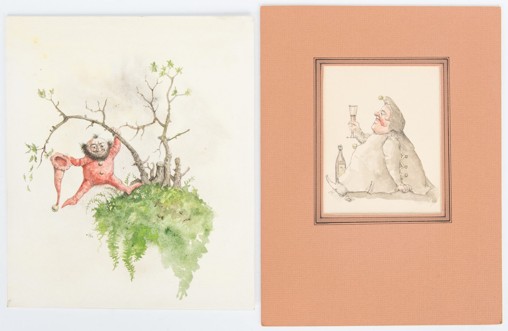 Lot 204: 2 Werner Wildner Watercolors, Gourmand and Gnome plus sketch verso