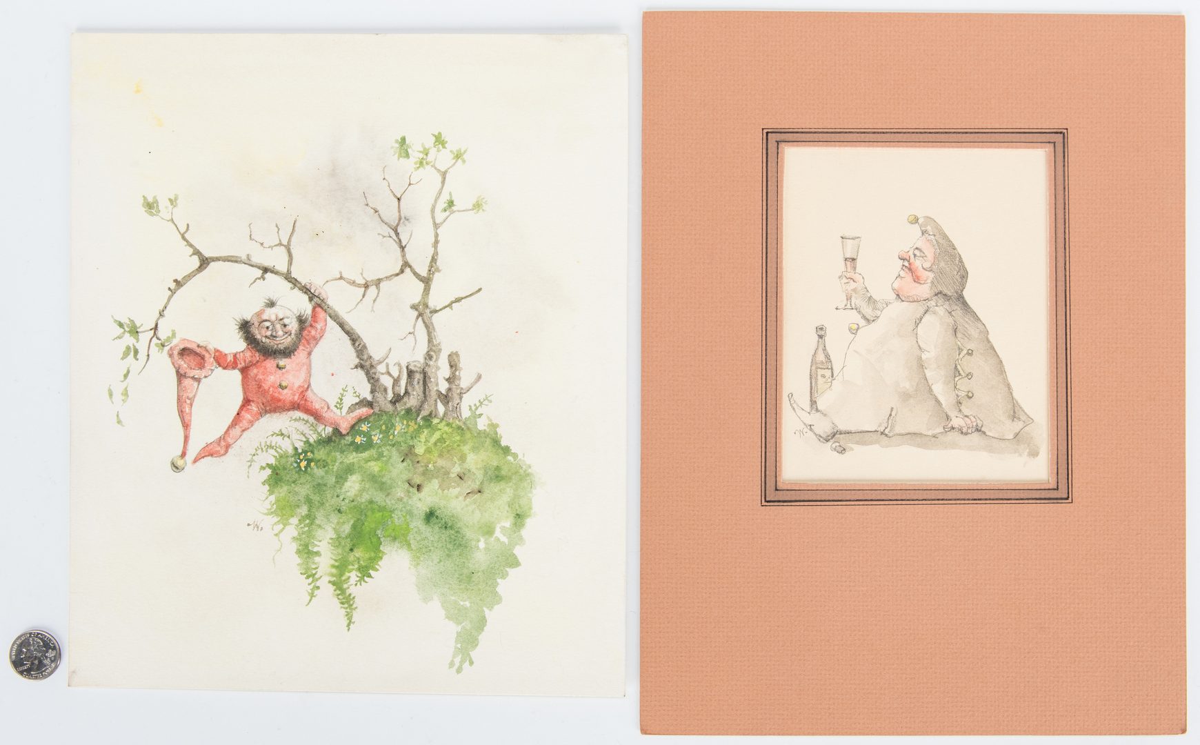 Lot 204: 2 Werner Wildner Watercolors, Gourmand and Gnome plus sketch verso