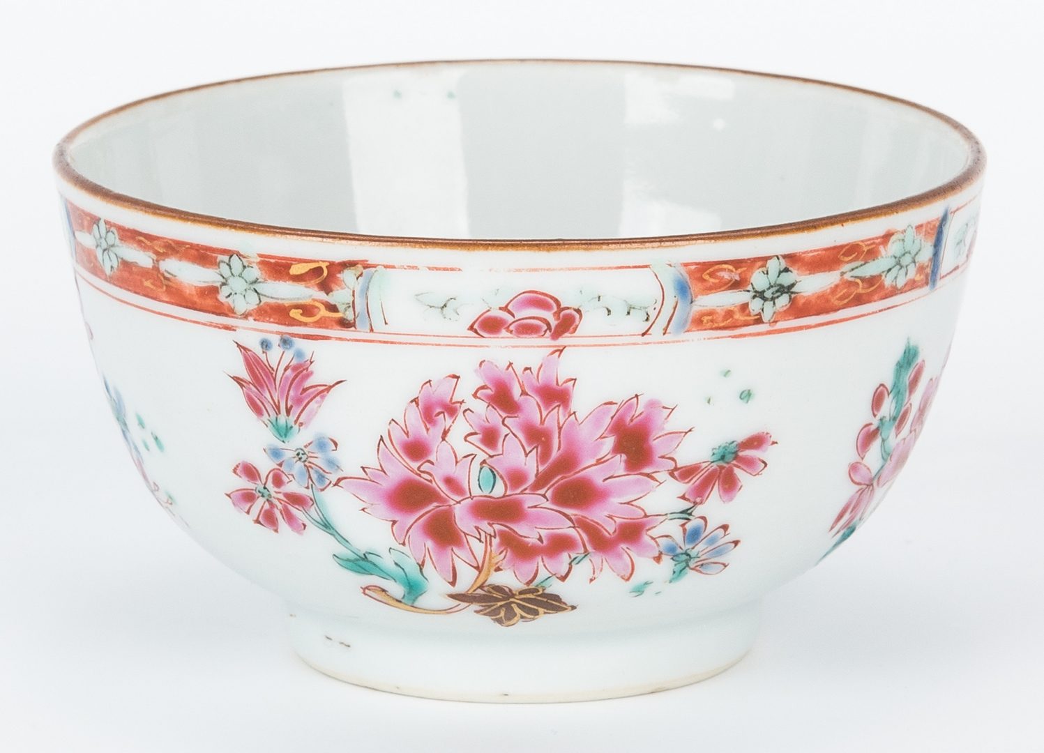 Lot 21: 7 Famille Rose Porcelain Tea Cups, Saucers