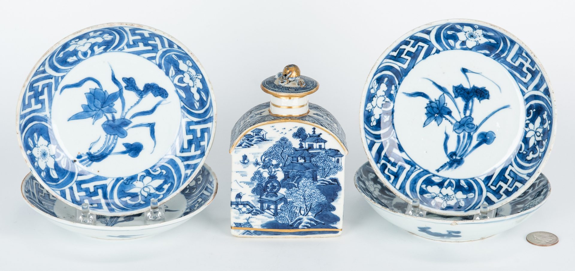 Lot 24: Chinese Saucers & Tea Caddy, 5 items