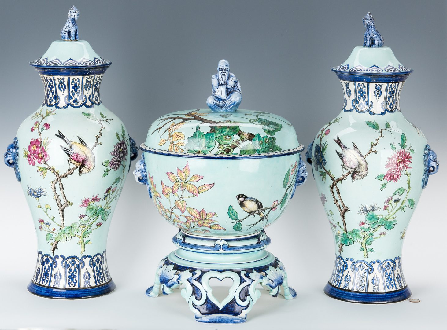 Lot 255: Gien, France Chinoiserie Faience, 3 Garniture Items