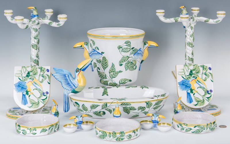 Lot 262: 13 Hermes Moustiers Faience Toucans Pattern Porcelain Items