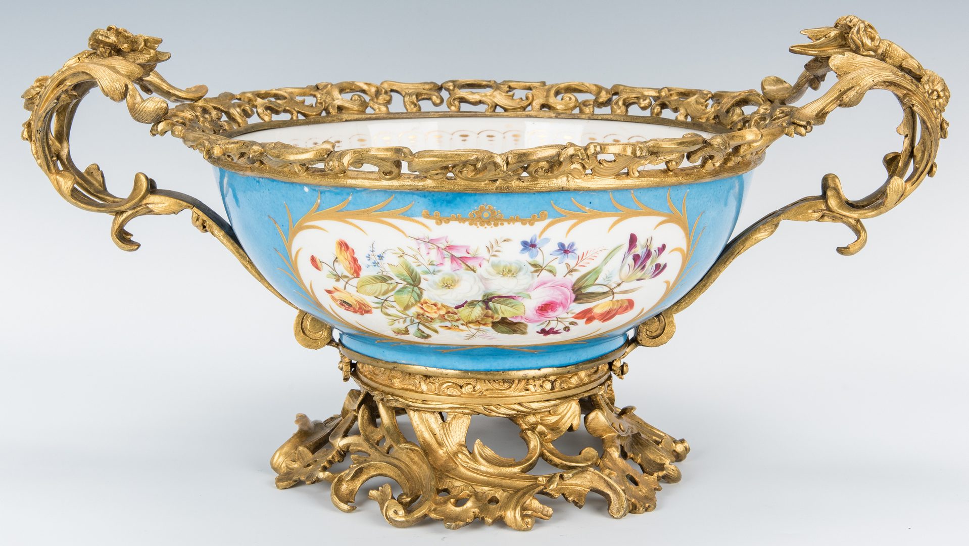 Lot 271: Large Sevres Style Porcelain Bowl w/ Gilt Bronze Mounts