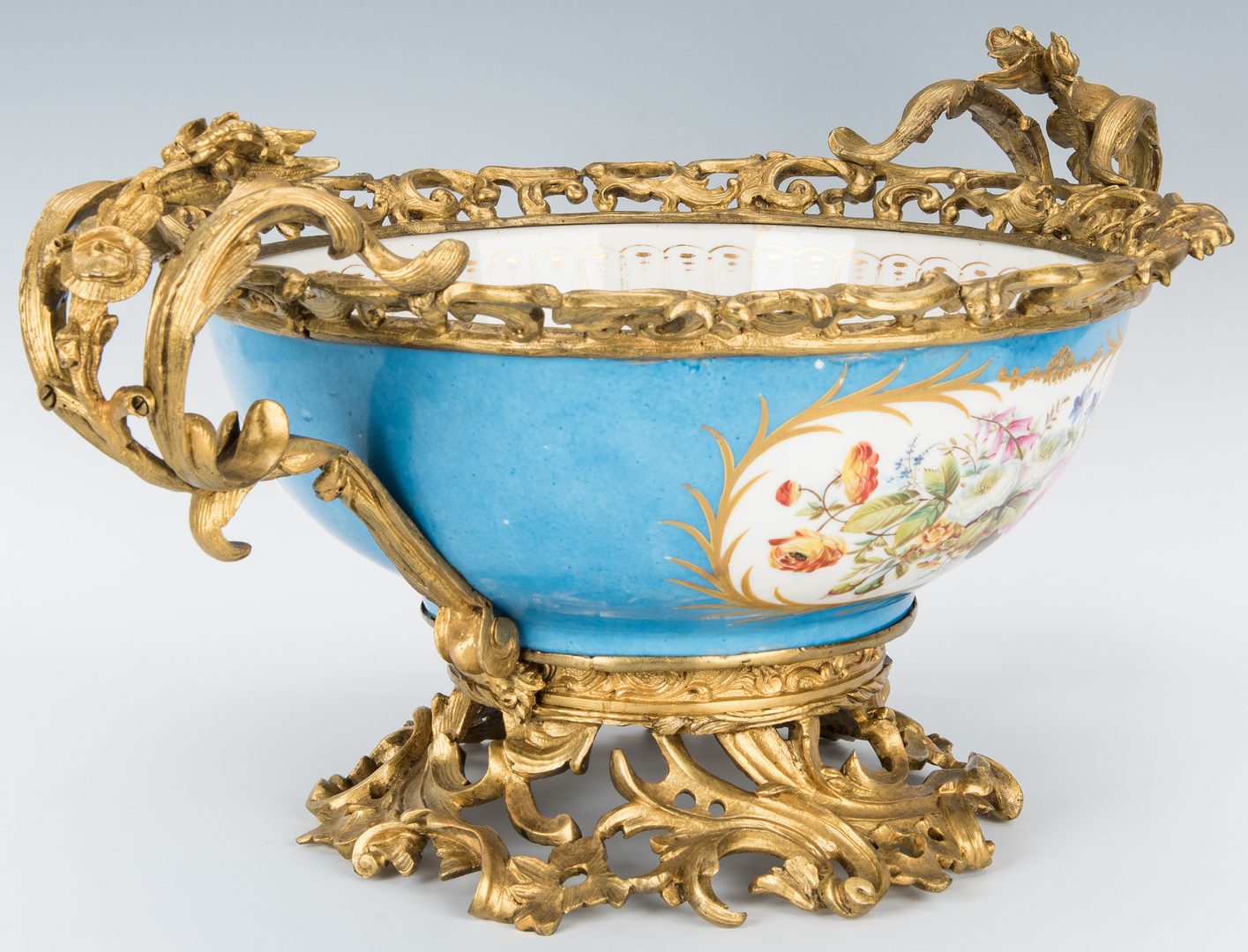 Lot 271: Large Sevres Style Porcelain Bowl w/ Gilt Bronze Mounts