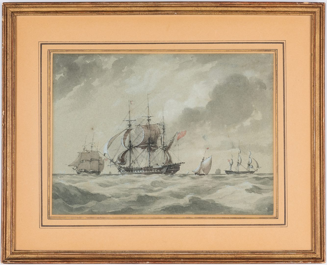 Lot 297: English School Watercolor of Masted Ships & Mirror w/ Etched Ship