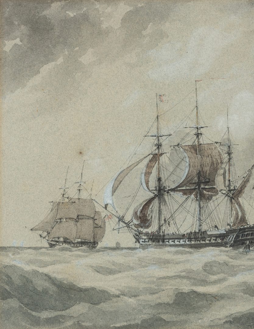 Lot 297: English School Watercolor of Masted Ships & Mirror w/ Etched Ship