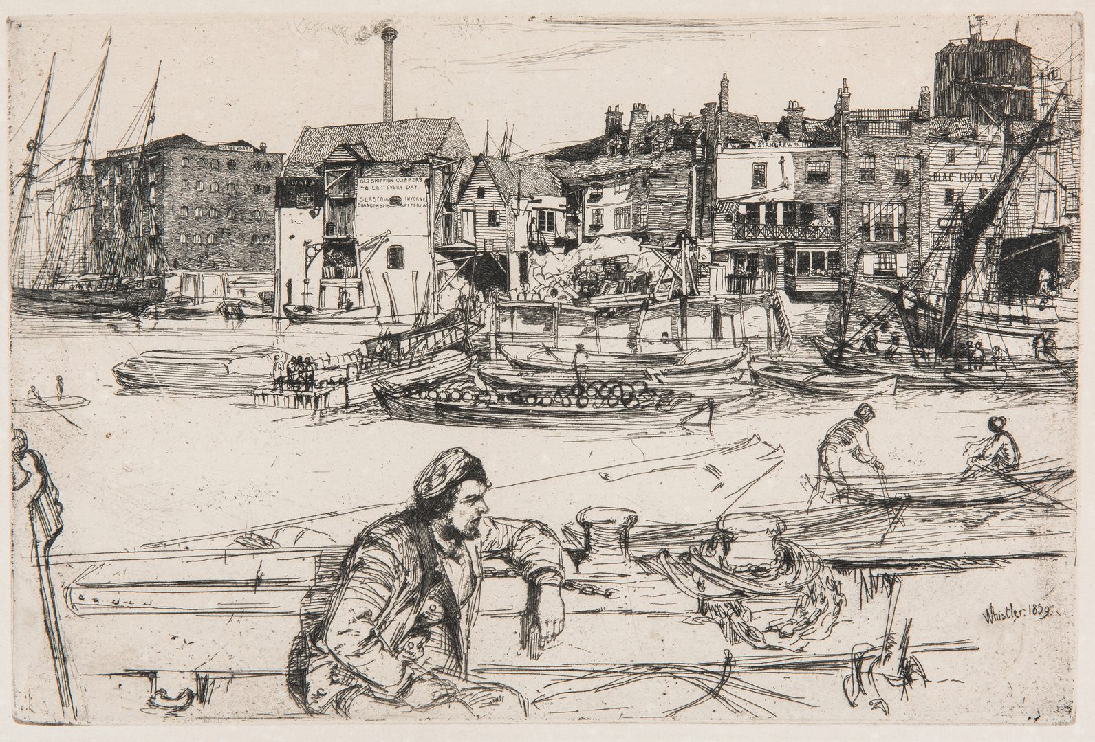 Lot 302: James Whistler Etching, Black Lion Wharf
