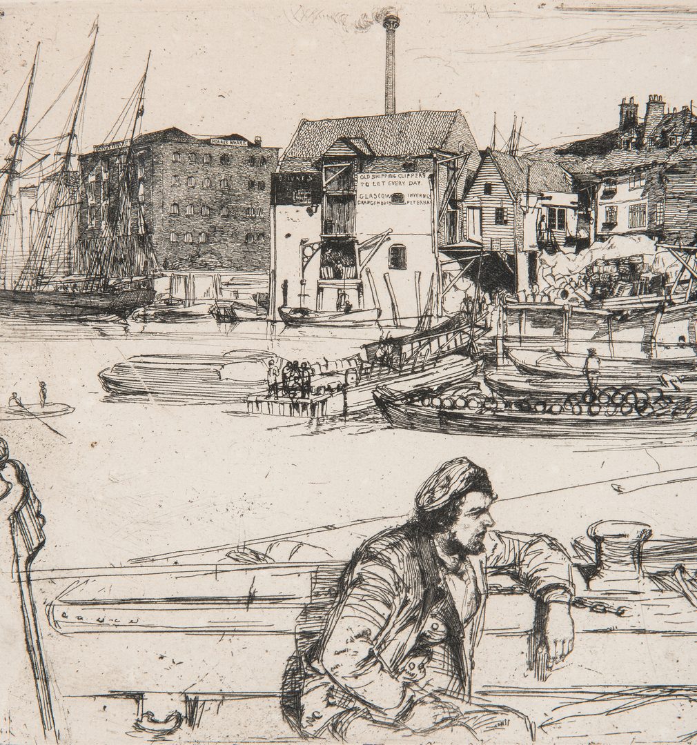 Lot 302: James Whistler Etching, Black Lion Wharf