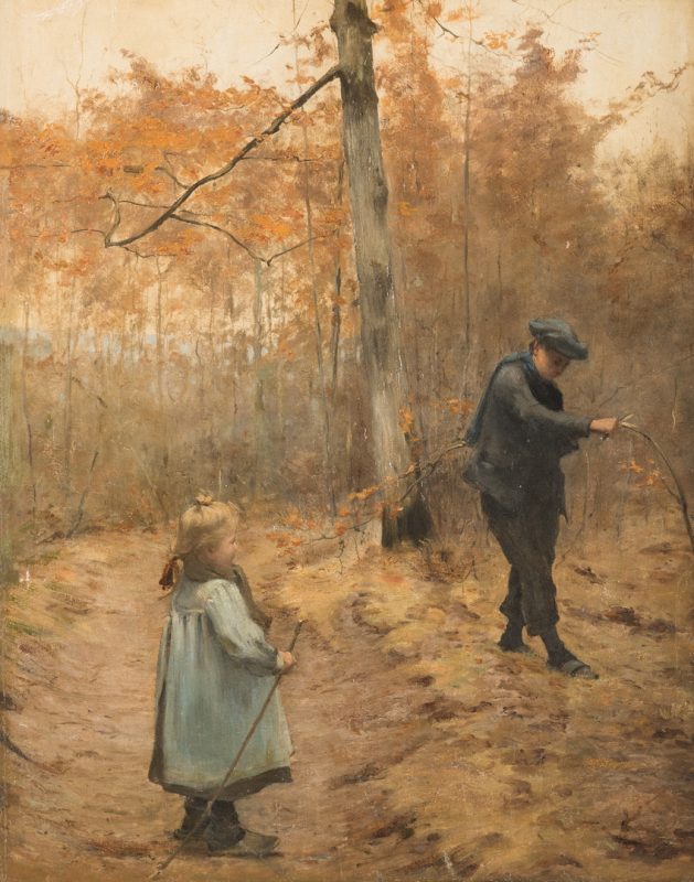 Lot 324: 19th C. Landscape, Children on a Woodland Path
