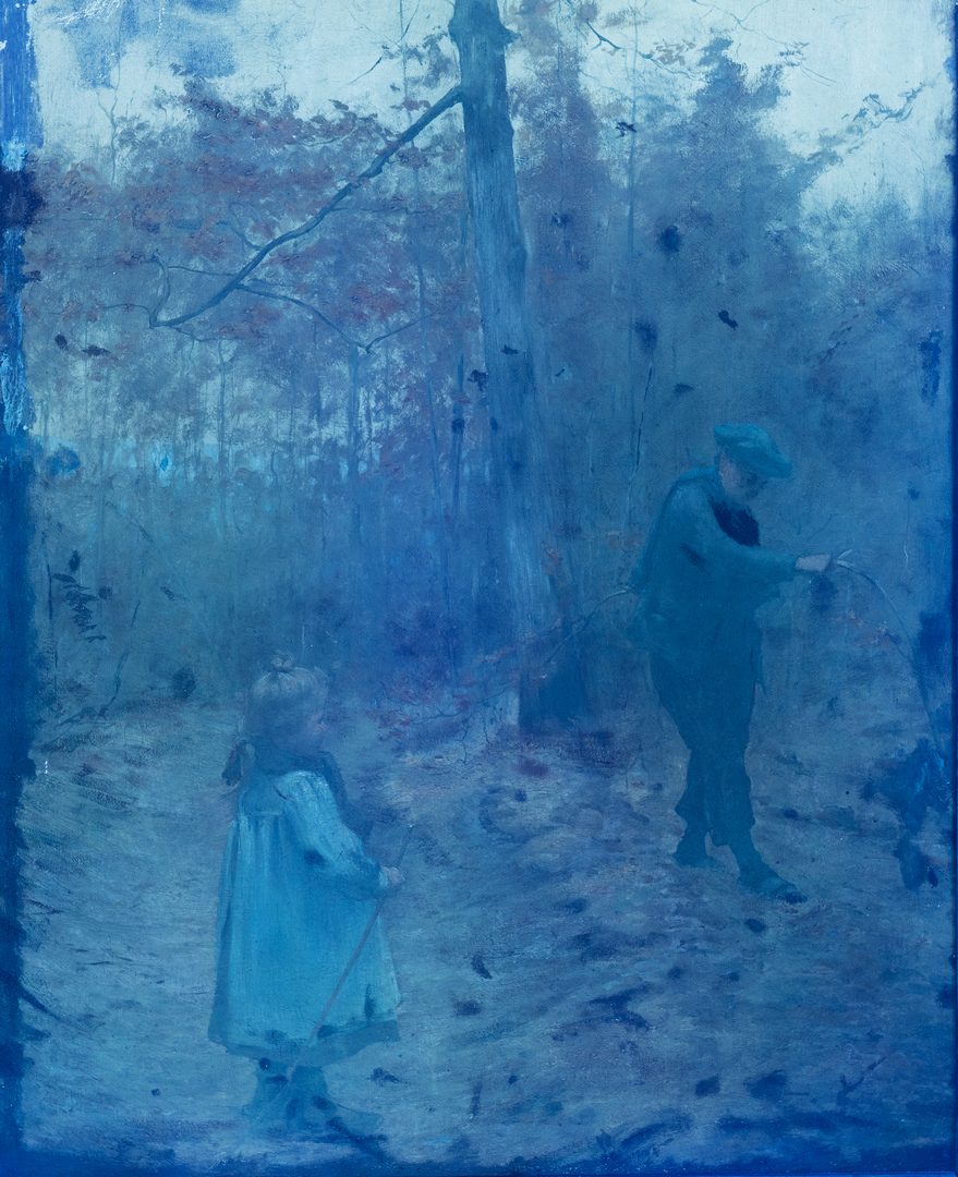 Lot 324: 19th C. Landscape, Children on a Woodland Path