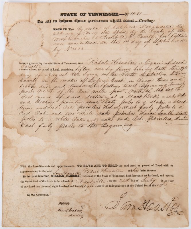 Lot 352: Sam Houston Signed Land Grant, 1828