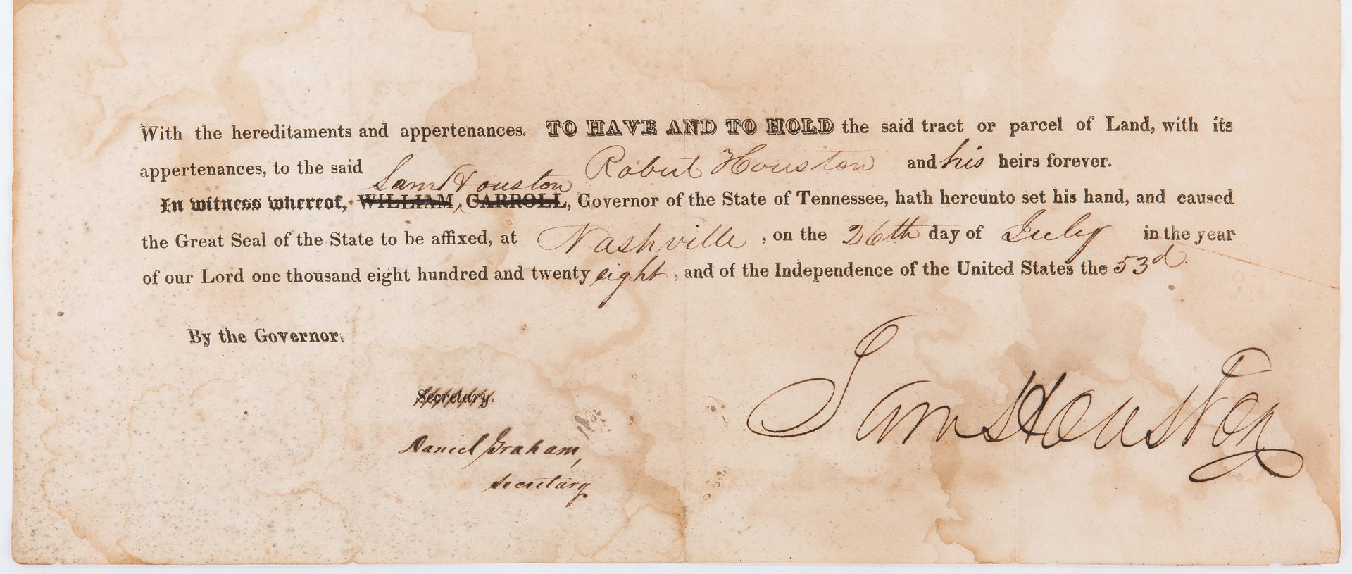 Lot 352: Sam Houston Signed Land Grant, 1828