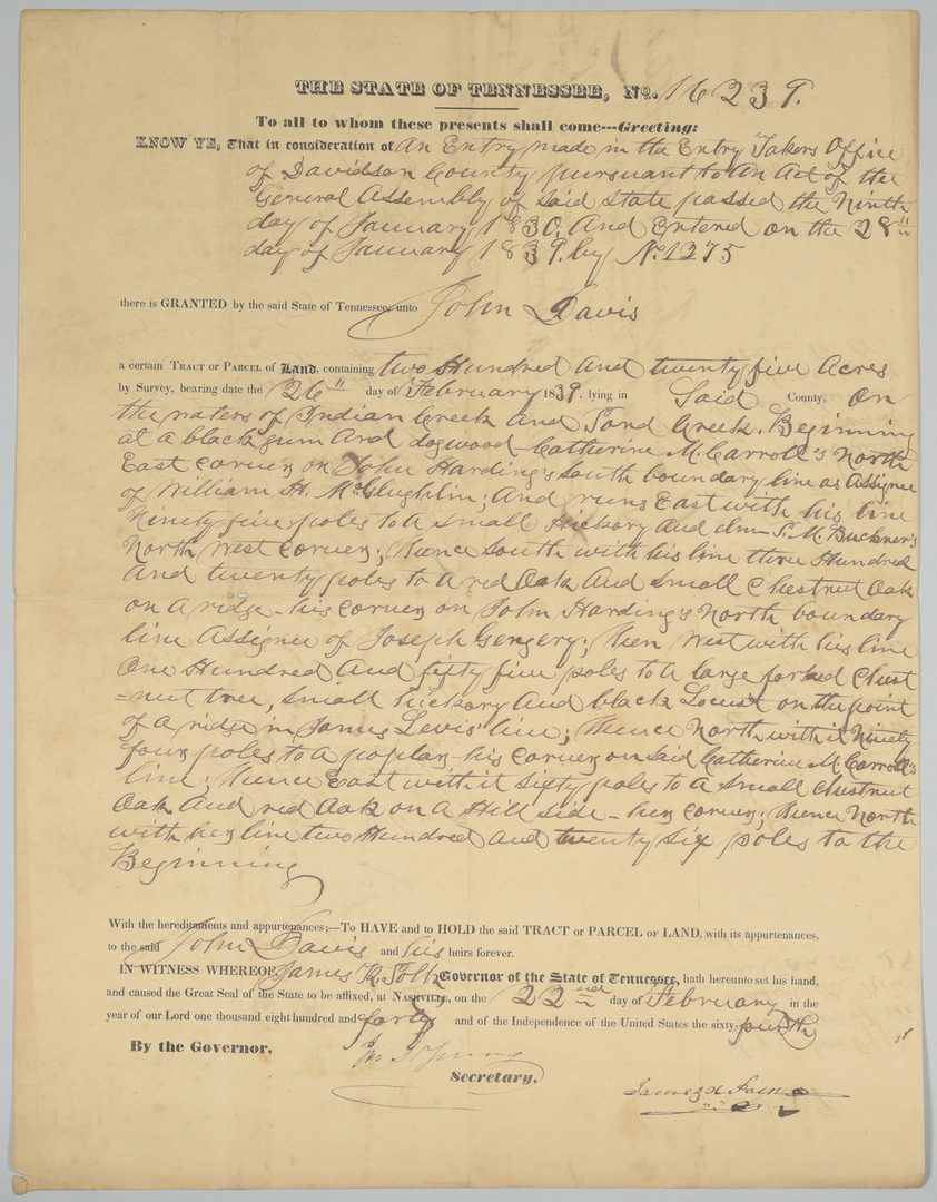 Lot 353: James K. Polk Signed Davidson County TN Land Grant