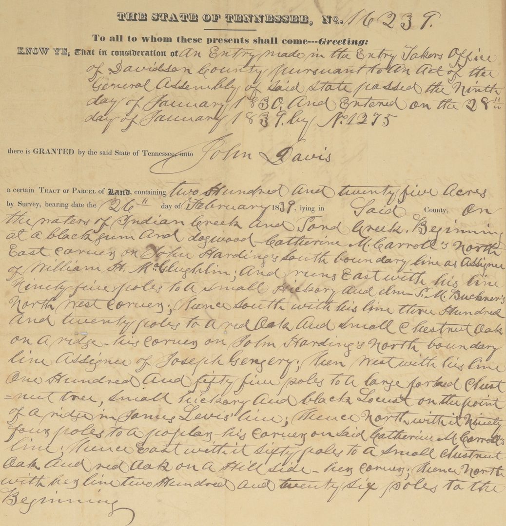 Lot 353: James K. Polk Signed Davidson County TN Land Grant