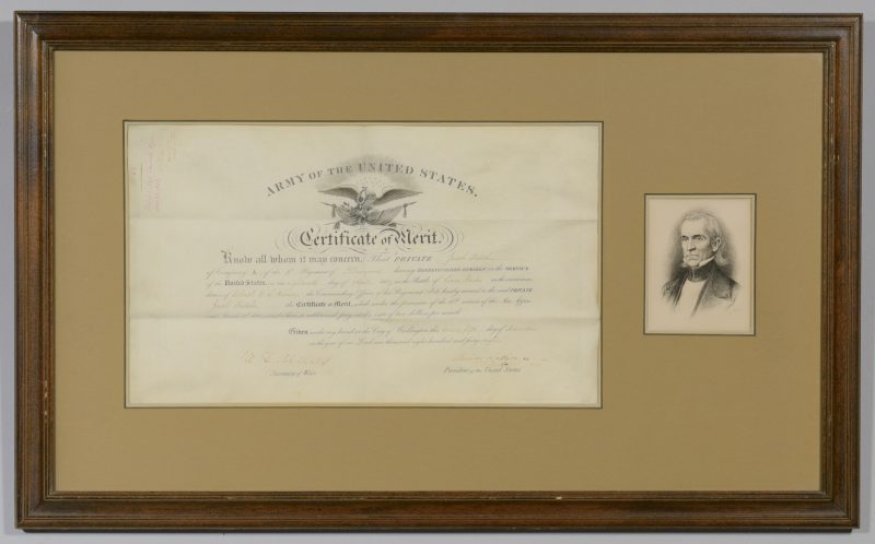 Lot 354: Pres. James K. Polk Signed Certificate of Merit and Etching