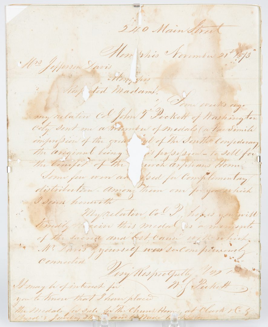 Lot 361: Confederate Seal, ALS – Col. Pickett, Varina Davis related