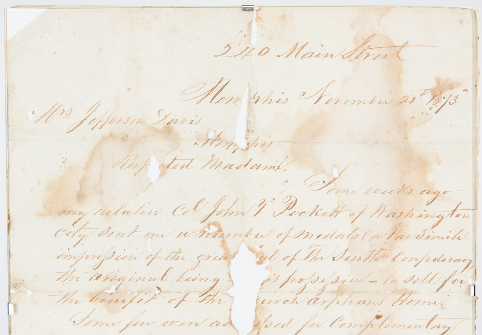 Lot 361: Confederate Seal, ALS – Col. Pickett, Varina Davis related