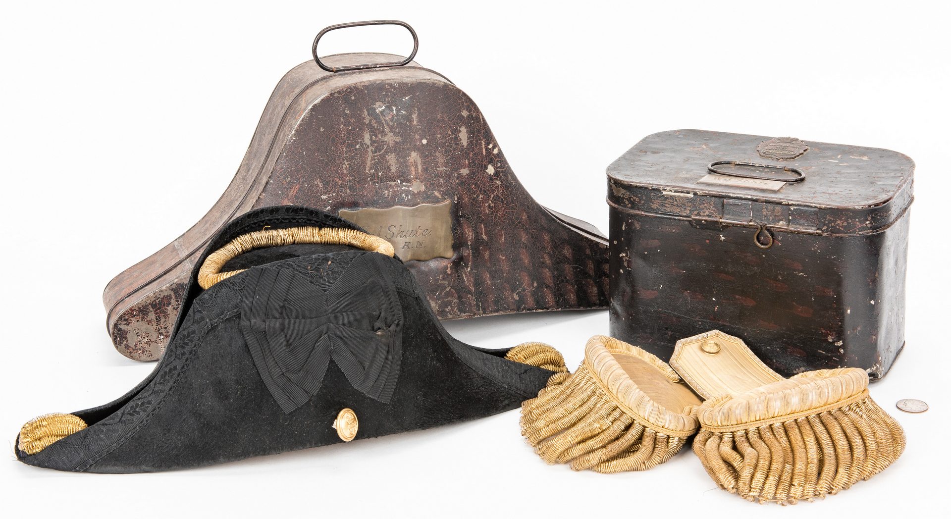 Lot 380: Royal Navy Bicorn Hat & Epaulettes