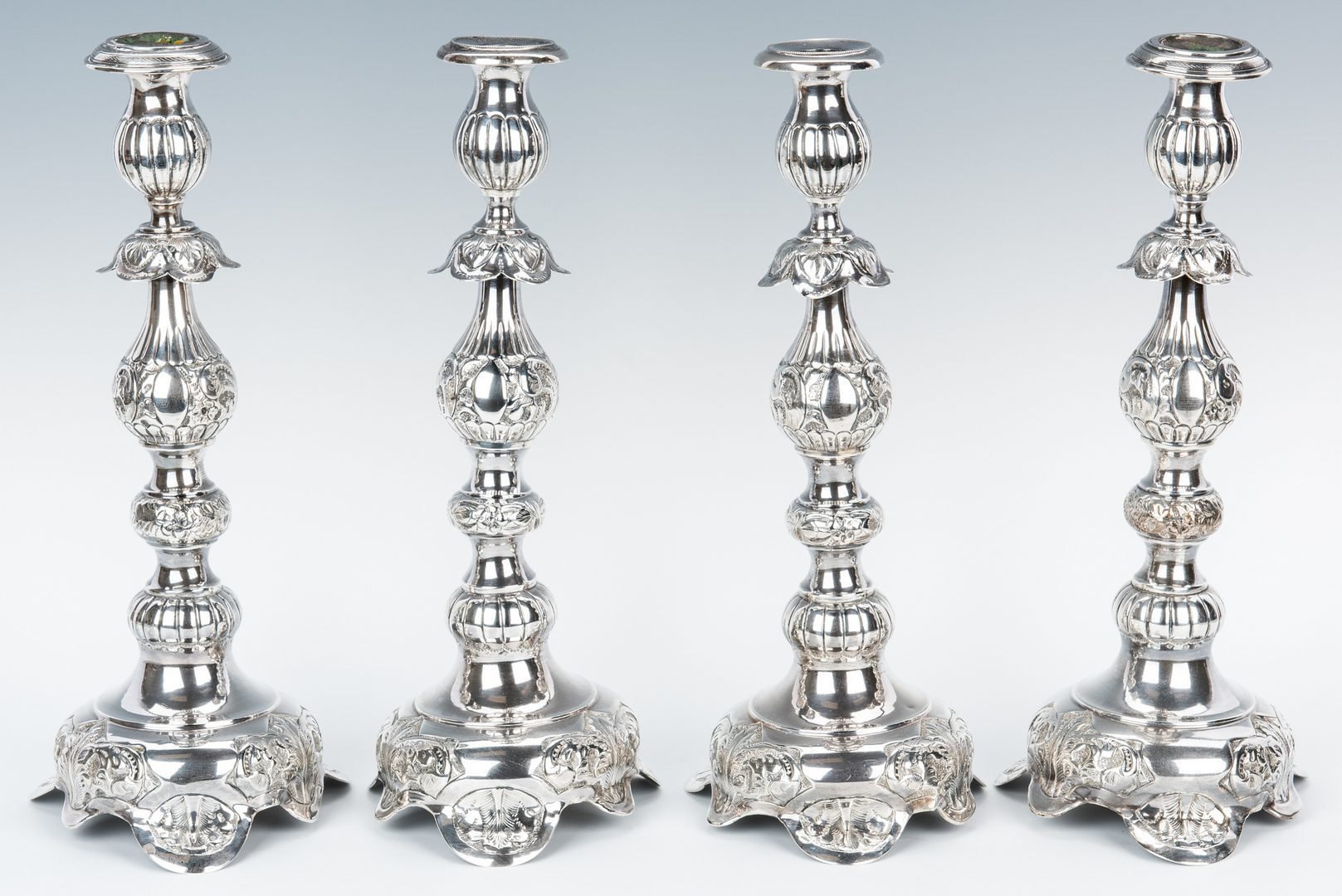 Lot 412: 4 Russian Baroque Style Silver Candlesticks