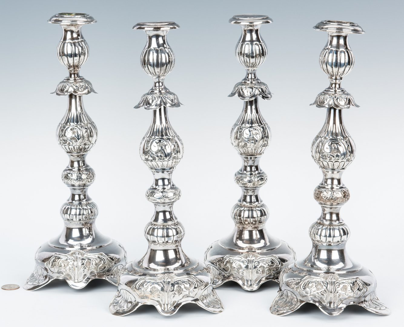 Lot 412: 4 Russian Baroque Style Silver Candlesticks