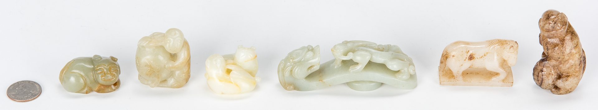 Lot 449: 5 Chinese Jade Figurals & 1 Jade Belt Hook