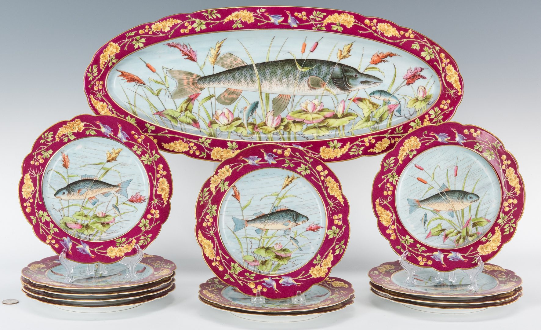 Lot 480: Austrian Porcelain Fish Plate Set, 13 pcs.